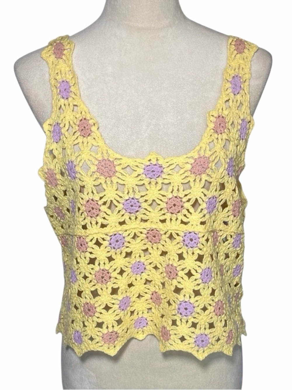 Yellow Crochet Floral Boho Top Sz S/M
